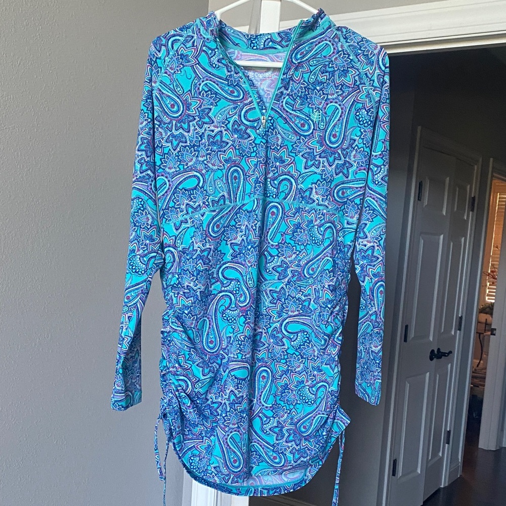 Coolibar Turquoise Paisley Long sleeve swim coverup